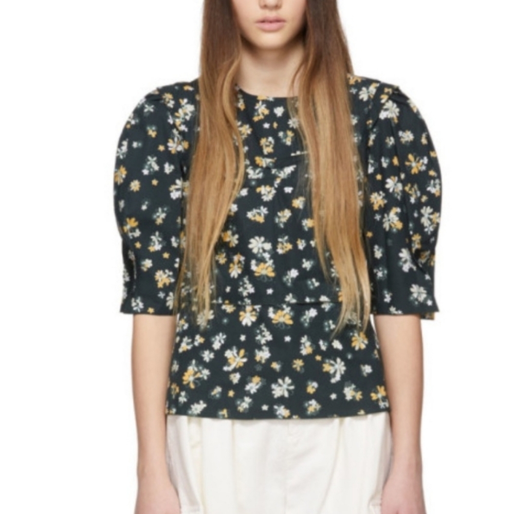 See by Chloe size 36 dark green floral Puff sleeve top